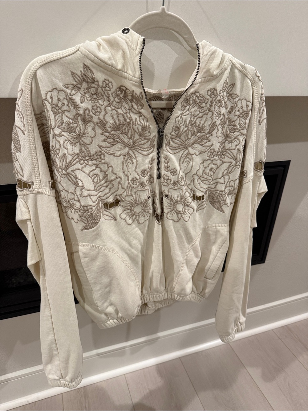 Free People Movement Embroidered Floral Zip Hoodie - Cream SZ XS